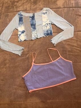 SHEIN Light Blue Tie-Dye Panel Long-Sleeve Cropped Top and purple top large